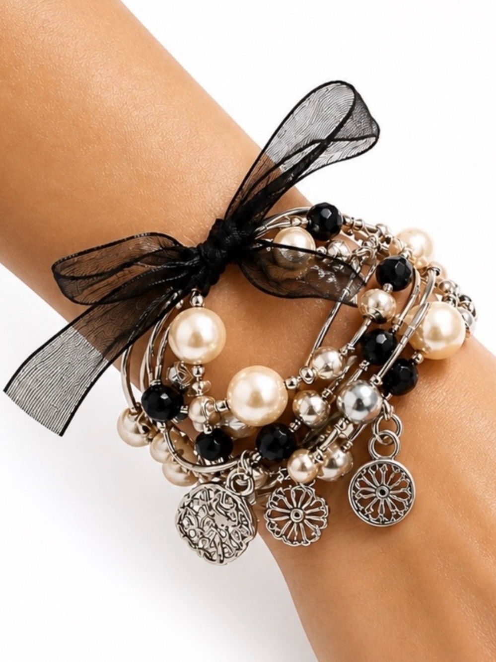 Pearl Bow Charm Wrap Bracelet Black Ivory Layered Coquette OS